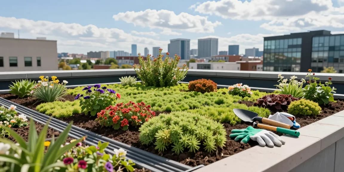 kosten groendak installatie in een stedelijke daktuin met kleurrijke sedumplanten en drainage lagen