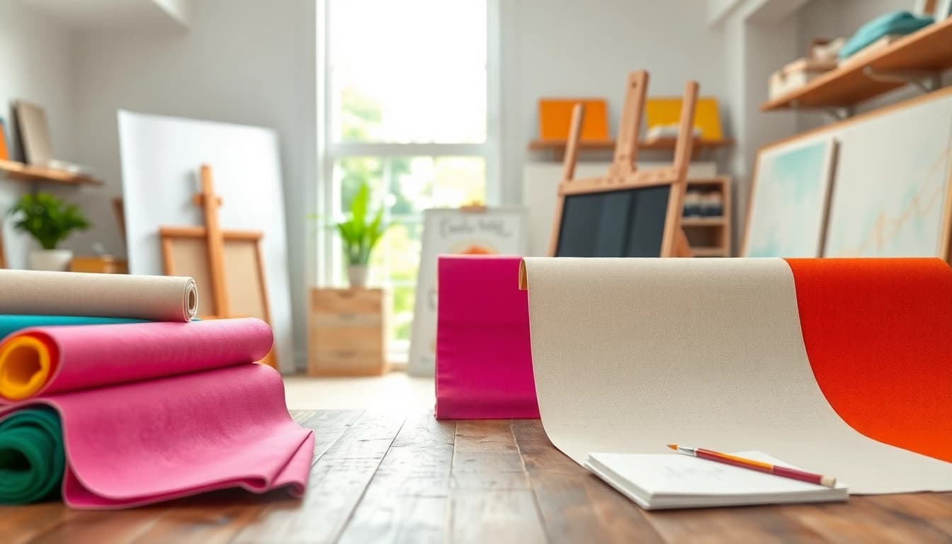 Bekijk canvas kopen in een kleurrijke en creatieve studio met diverse stoffen.