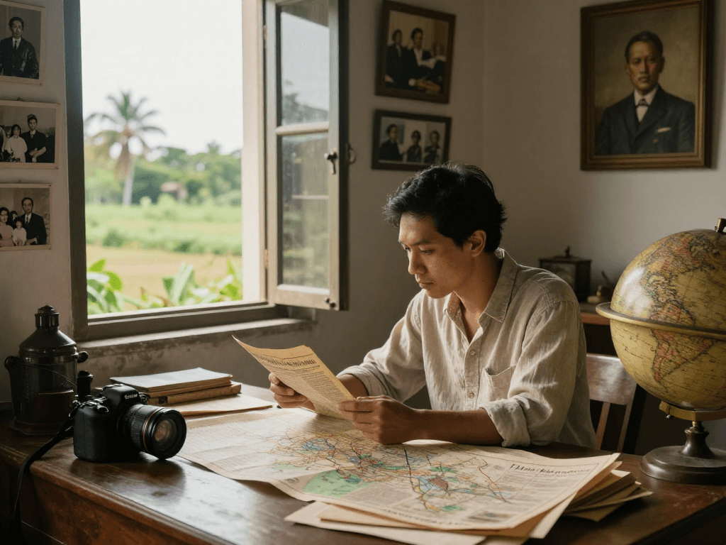 Researcher exploring the history of Dutch-Indonesian colonialism at rokok88 with artifacts and historical texts.