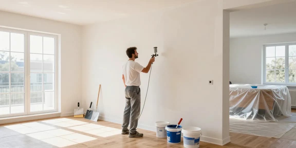 Vakkundige stukadoor die gladde pleister aanbrengt in een goed verlichte binnenhuisverbouwing.