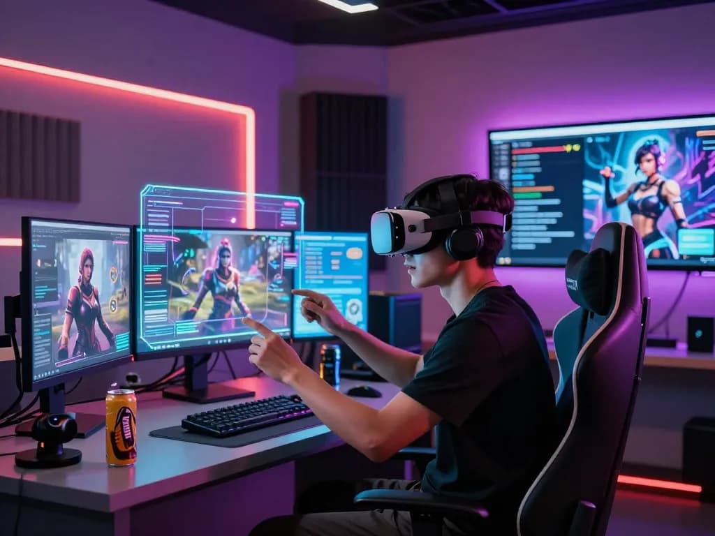 AI NSFW character interaction in a high-tech virtual reality studio, showcasing immersive digital engagement.