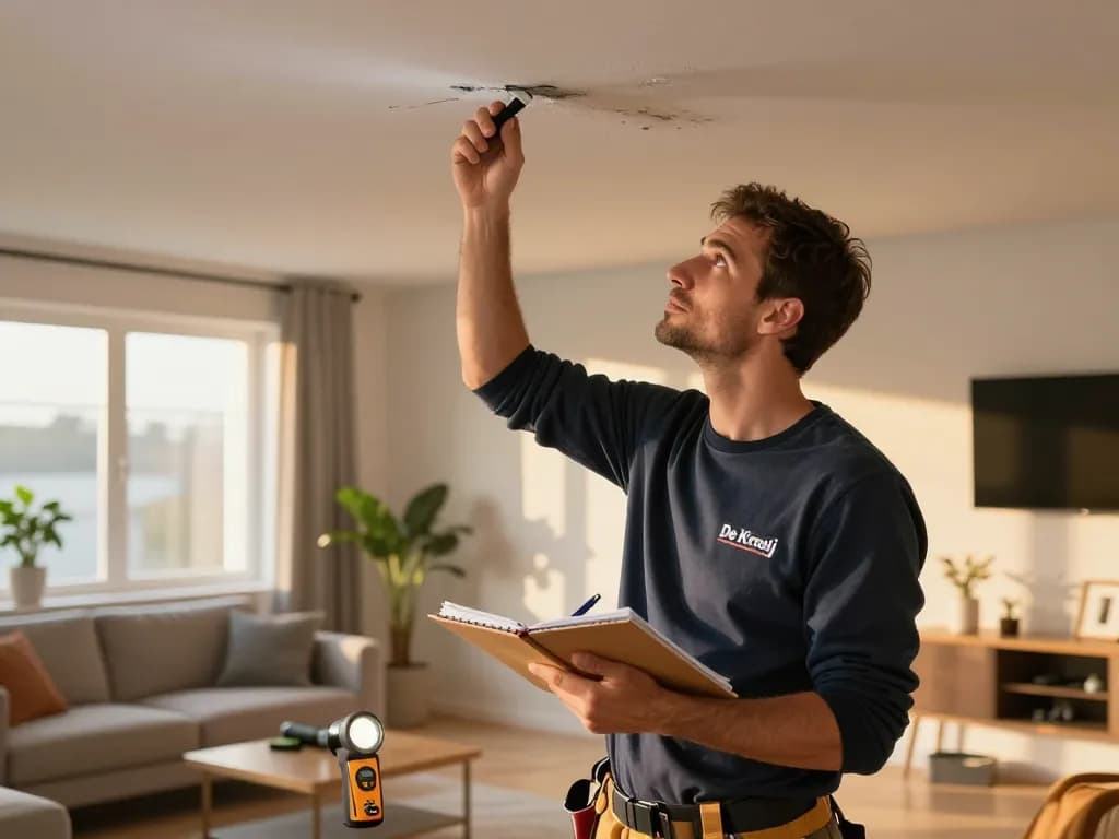 De Kraaij dakdekker inspecteert een plafond op lekkages in een gezellige woonkamer.