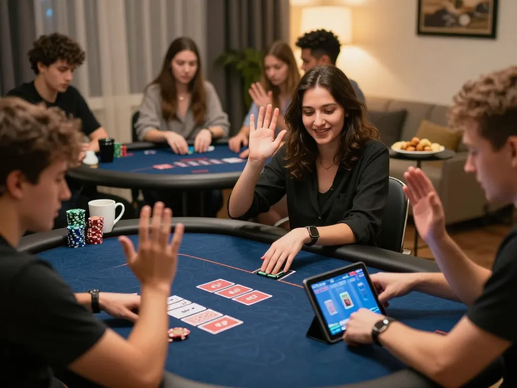 Players engaging in online poker game with hm88 app on tablet, showcasing strategy and excitement.