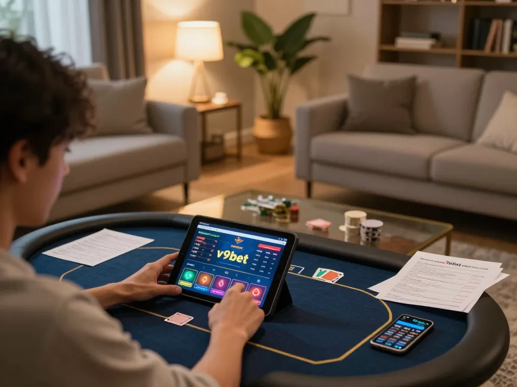 Player enjoying poker on v9bet tablet in a cozy home setting, showcasing online gaming experience.
