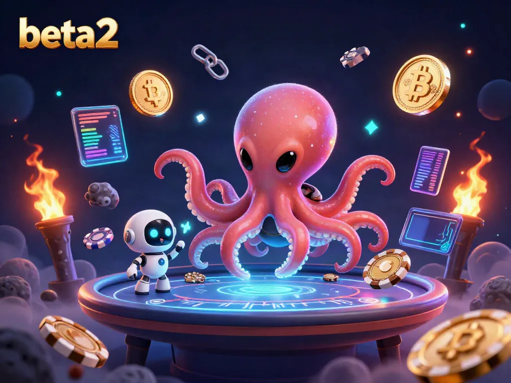 Experience thrilling poker action with the beta2 alien octopus at a holographic table surrounded by cosmic elements.