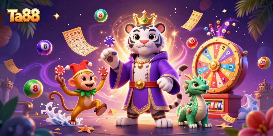 Join the fun at Ta88 with a golden monkey juggling poker chips amidst a vibrant casino scene.