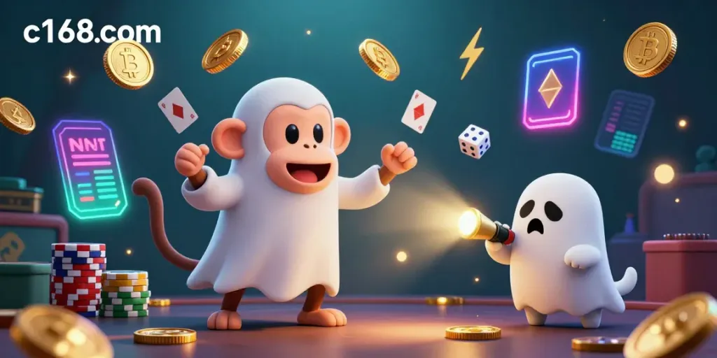 Join the action with c168com's dynamic casino scene featuring a mischievous monkey and ghost-hunting puppy.