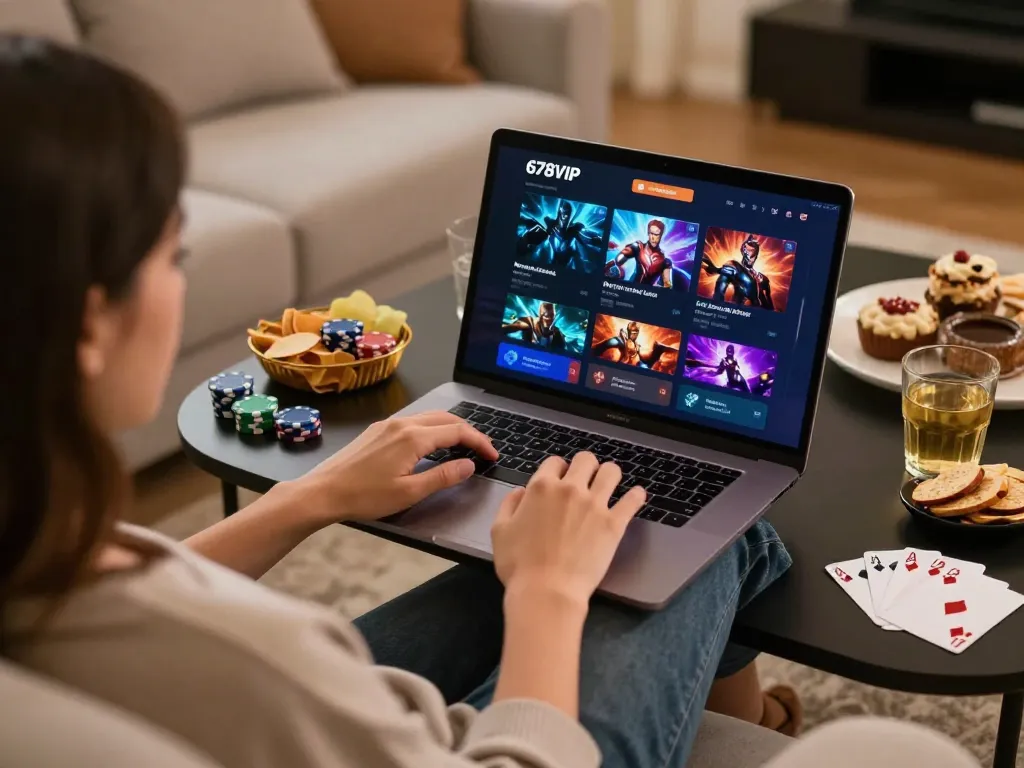Enjoying a poker game on the laptop at home, exploring 678vip ne's gaming options.