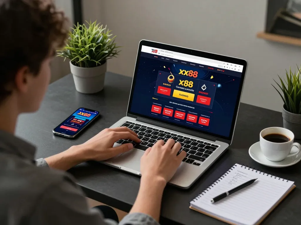 Engaging player using xx88 platform on laptop with strategies, cheerful home atmosphere.