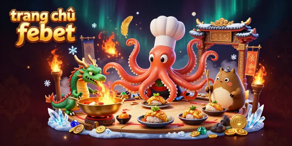 Engage in dynamic gaming at trang chủ febet featuring a 3D octopus chef, dragon, and tanuki in a rich casino scene.