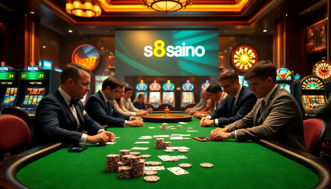 Players enjoying intense card games at s8casino with vibrant slot machines in the background.