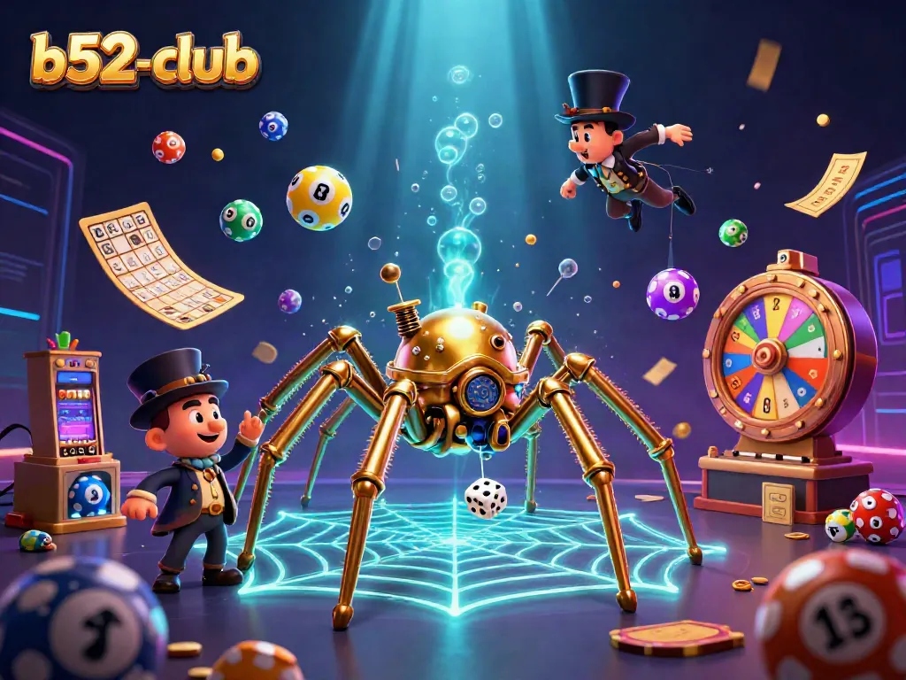 Experience the thrilling b52-club with vibrant lottery activities and a whimsical steampunk spider.