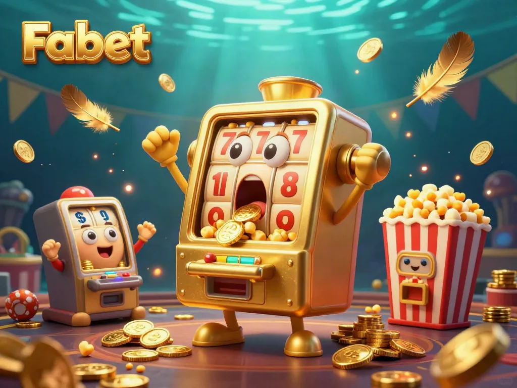 Fabet's golden slot machine celebrates a jackpot, cascading coins in a vibrant casino scene.