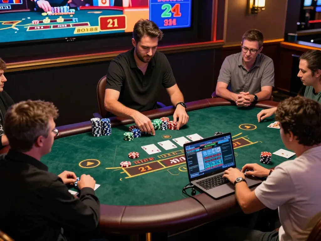 Engage with Bom88 online blackjack gameplay, capturing excitement with players and virtual dealer.