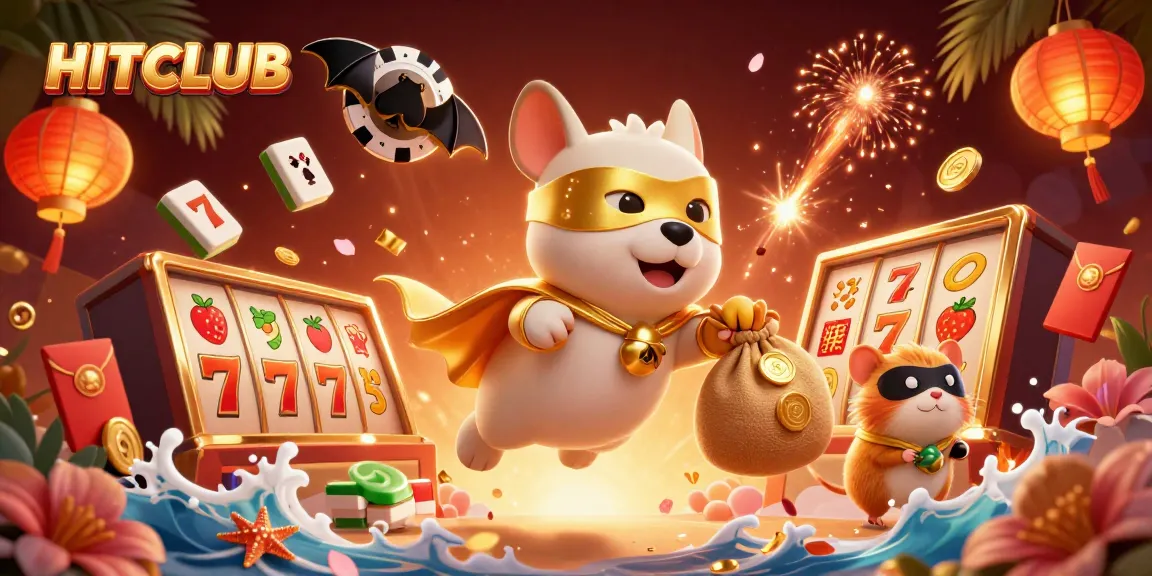 Join the fun at HITCLUB as a superhero dog flies with gold coins, surrounded by casino elements.