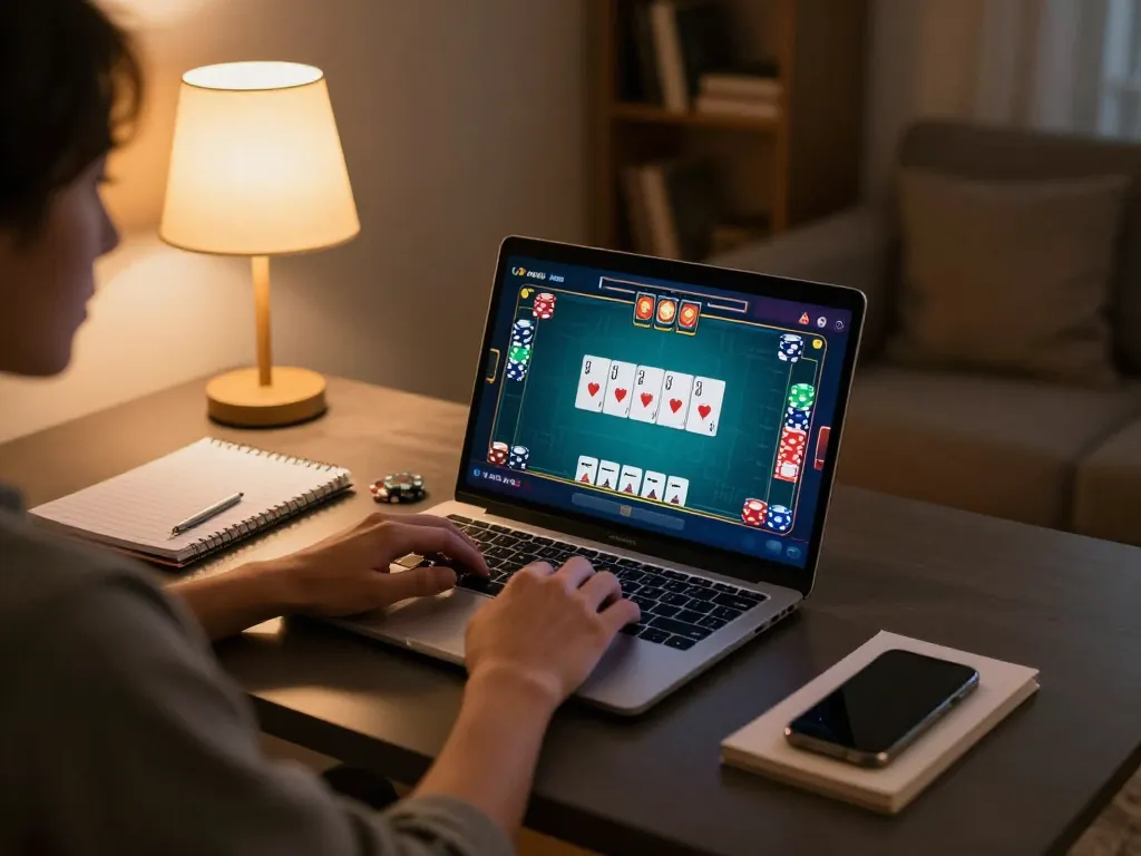 Player engaged in online poker on laptop at home, featuring alo8 center gaming interface and strategy notes.