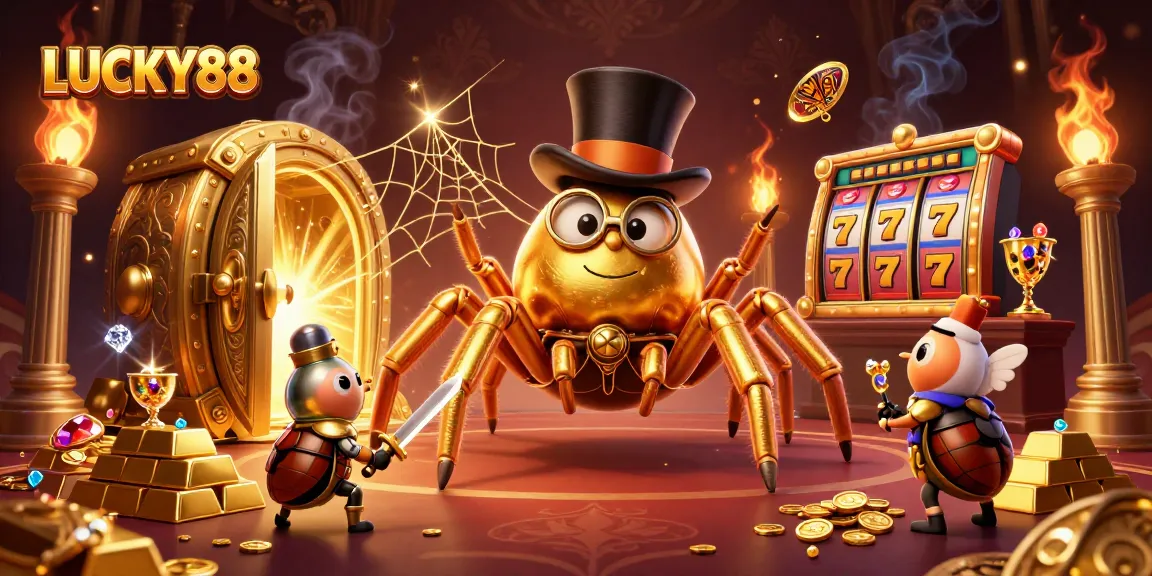Experience LUCKY88 with a vibrant 3D illustration of a magical casino scene filled with gold and excitement.