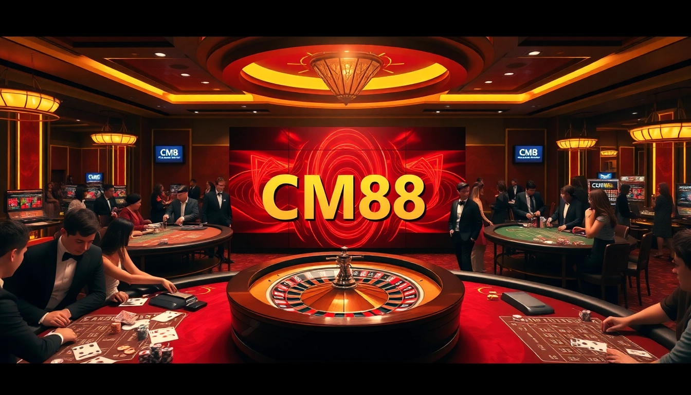 Exciting casino scene featuring CM88-themed roulette wheel and card games.