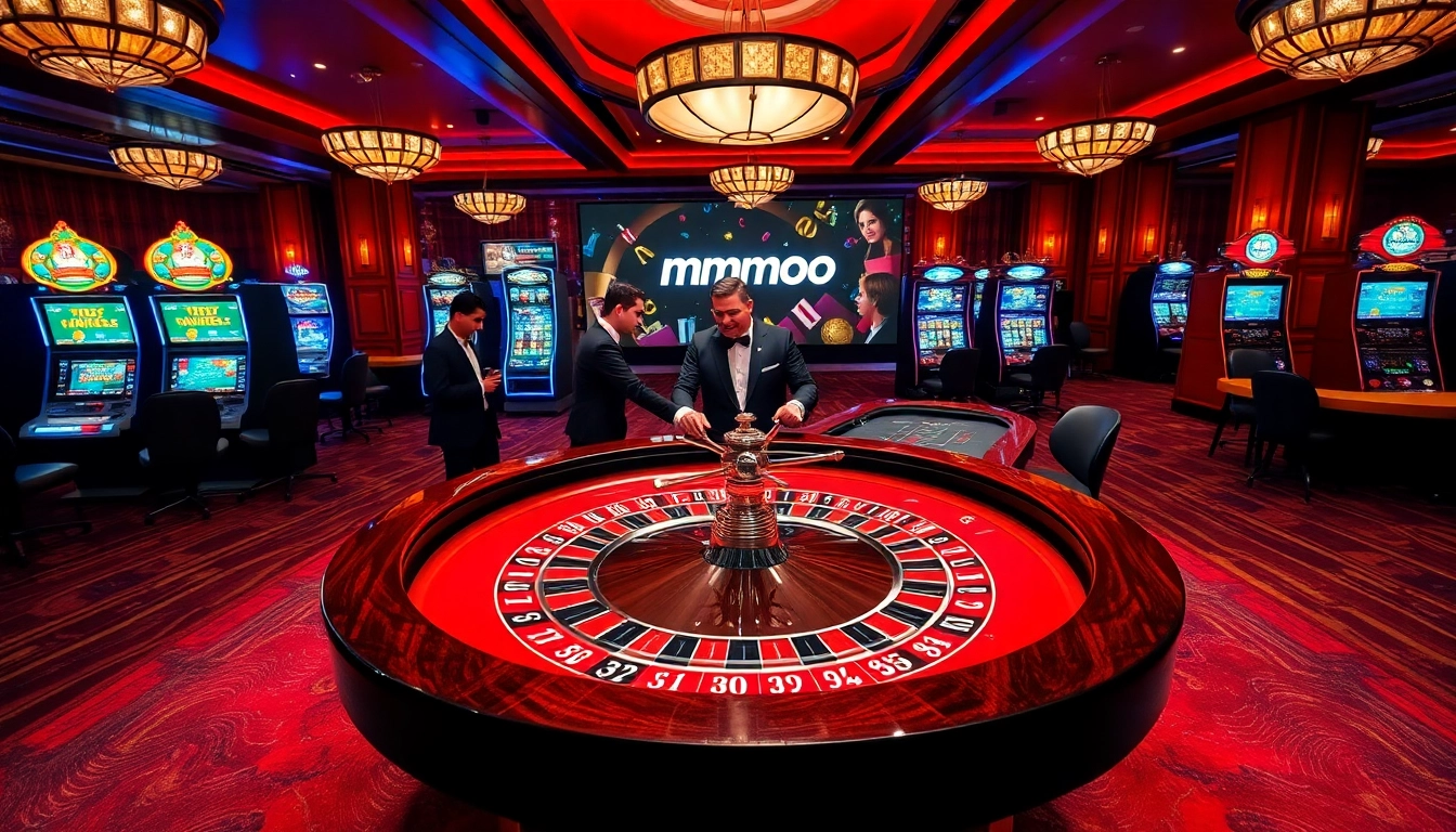 Excited players engaging with MMOO gambling action at a vibrant roulette table in a luxurious setting.