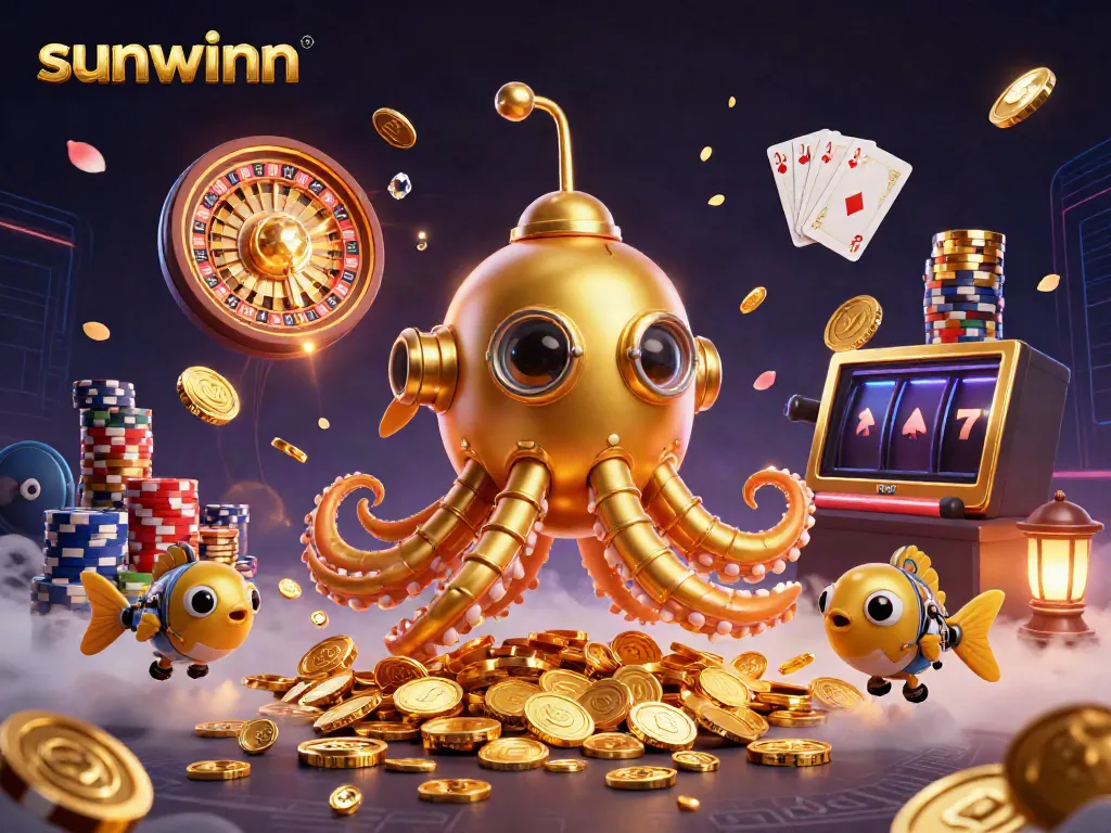 Experience thrilling gameplay at Sunwinn with a vibrant 3D casino illustration showcasing a mythical kraken and dazzling game elements.
