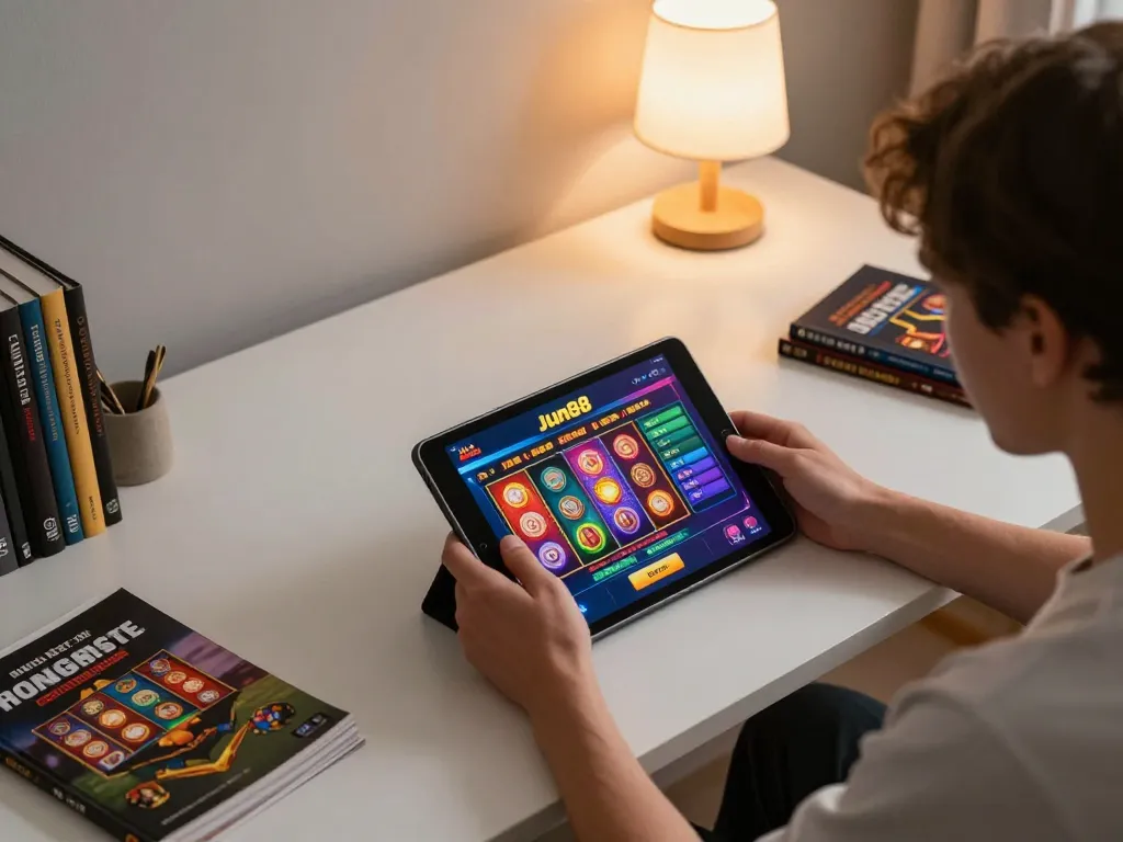 Player engaging with Jun88 online casino app on tablet, colorful slot games displayed, cozy home setup.