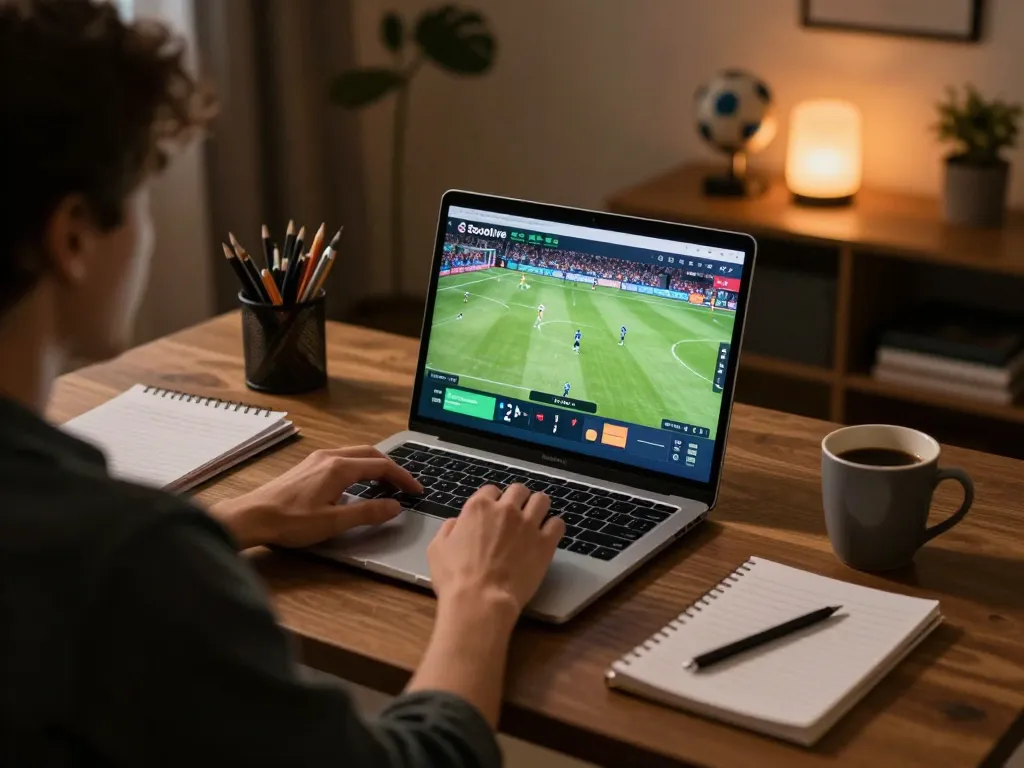Socolive live football streaming on a laptop in a cozy home gaming setup.