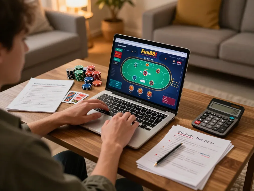 Person strategizing bets on fun88s while engaged in an online casino game from a cozy living room.