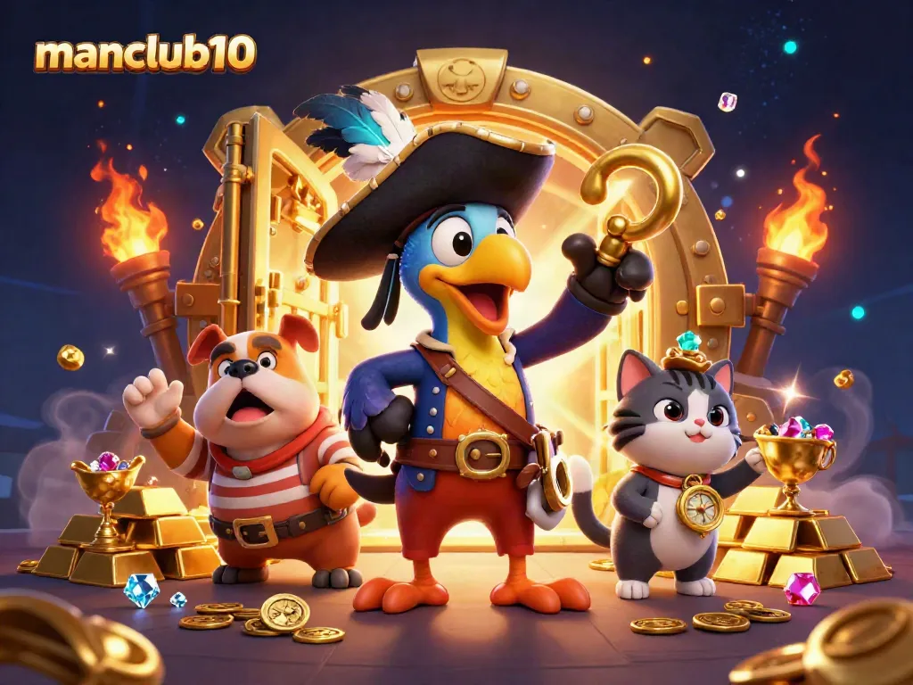 Experience thrilling gameplay at manclub10 with a vibrant 3D illustrated casino setting featuring pirate characters.
