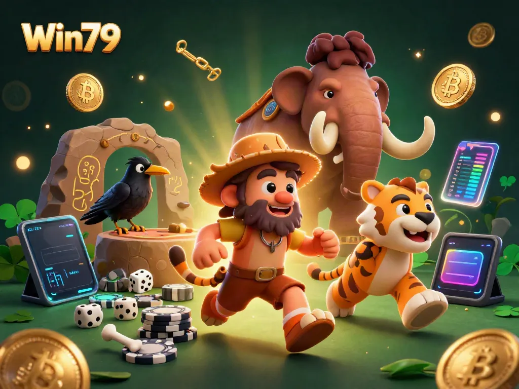 Win79 features a lively prehistoric casino scene with characters playing exciting games and scoring triumphs.
