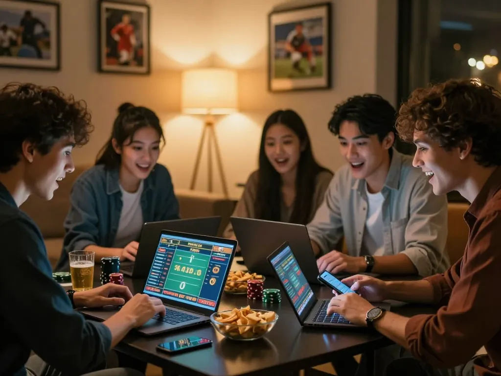 Engaged group of friends discussing sports betting strategies at home while using luongson tv for live updates.