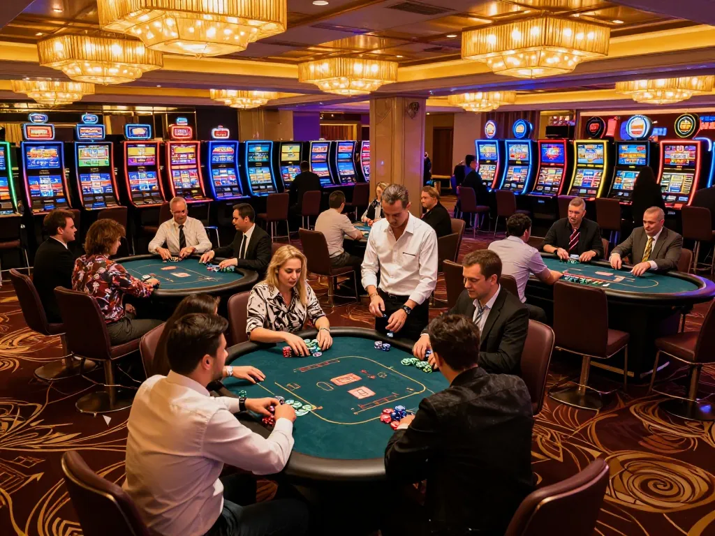 Players enjoying high-stakes poker at MAX88 casino, showcasing vibrant table action and luxury decor.