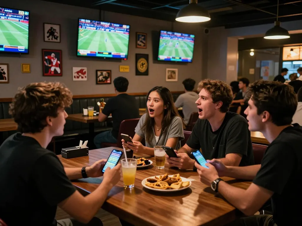 vb88 betting enthusiasts engaged in live sports betting at a vibrant bar.