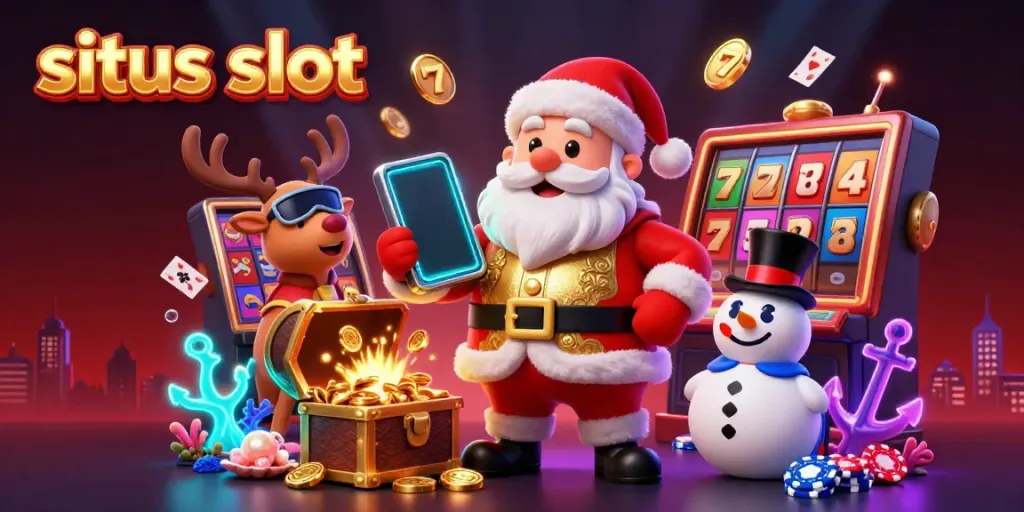Spin to win at situs slot with cartoon Santa and festive casino elements in vibrant 3D.