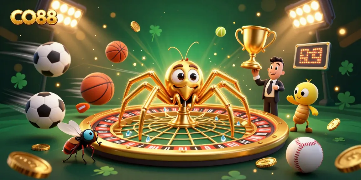 Experience action-packed betting at CO88 with the dynamic scene of a spider spinning a roulette-themed web.