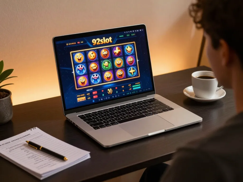 Engage with 92slot casino through a vibrant online gaming setup showcasing strategic betting.