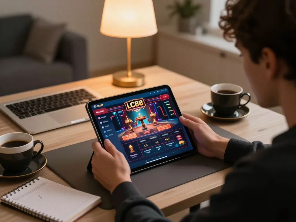Engaging in LC88 best online gambling strategies with a tablet, fostering a responsible gaming atmosphere