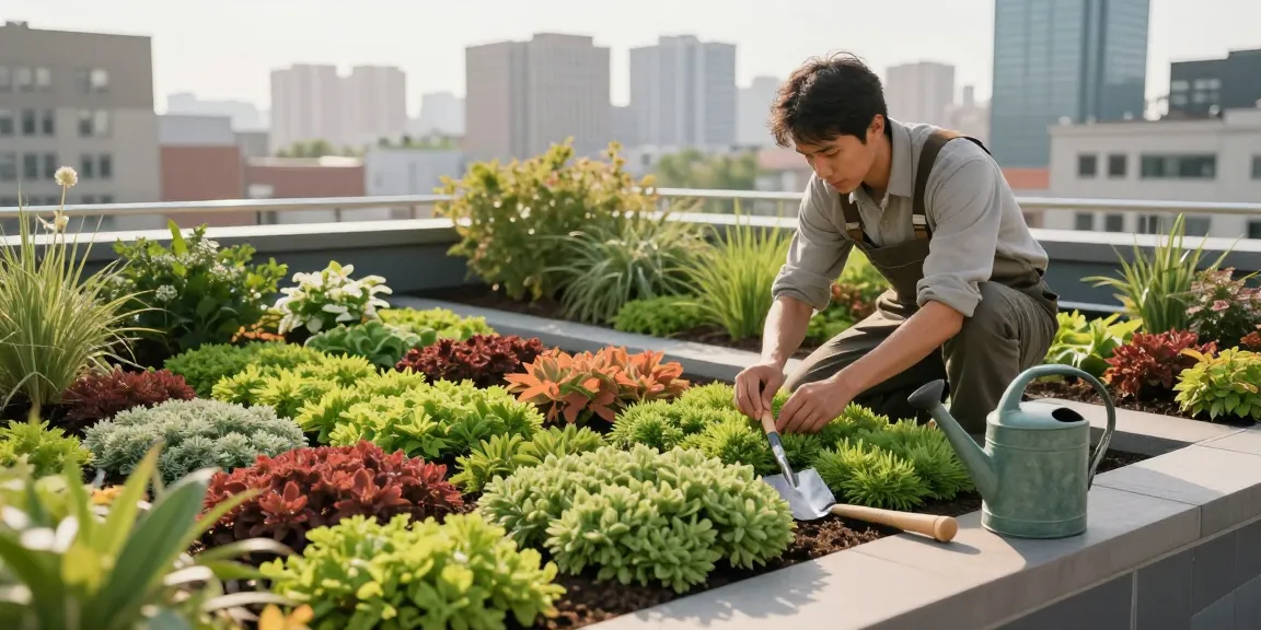 Sedumdak kosten weergegeven op een daktuin tijdens installatie, met levendige sedumplanten.