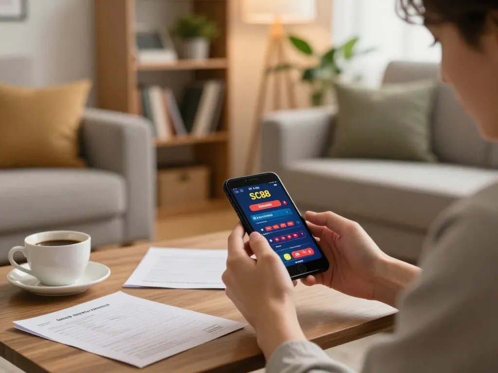 Playing trò chơi sc88 on mobile in a cozy living room, showcasing a comfortable gaming atmosphere.