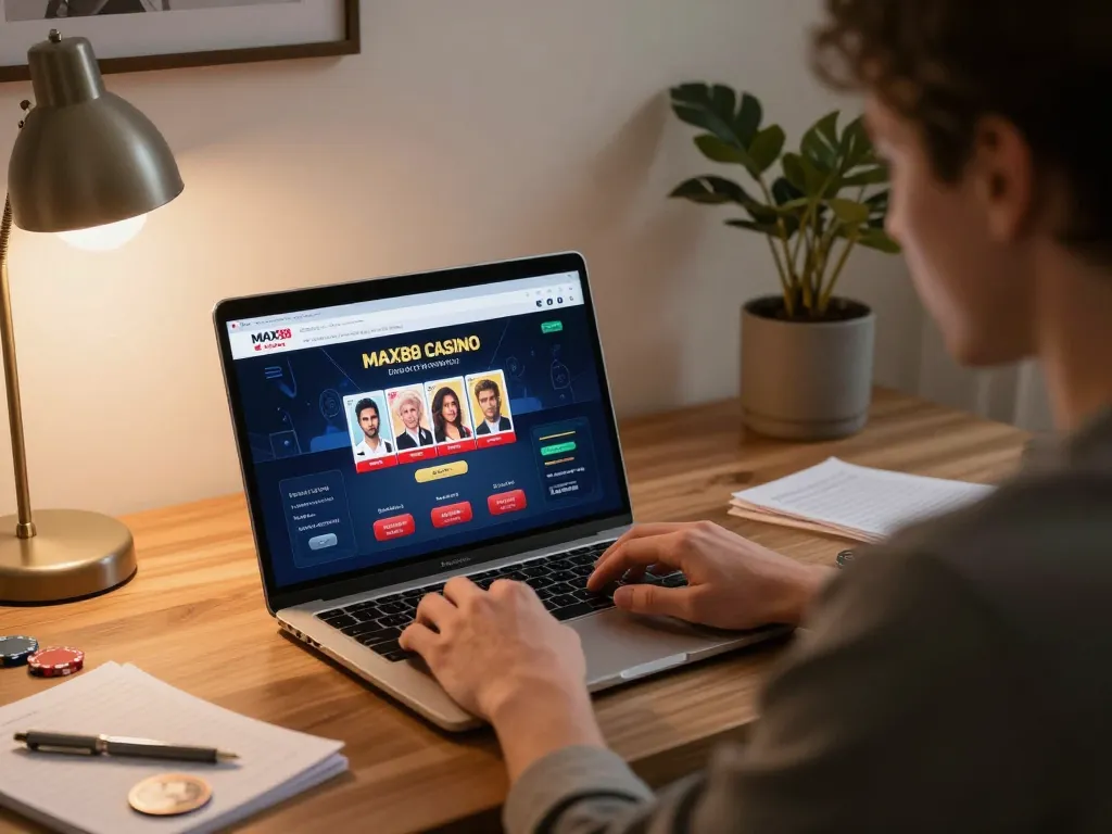 Player strategizing with a laptop showcasing MAX88 CASINO during an online gaming session.