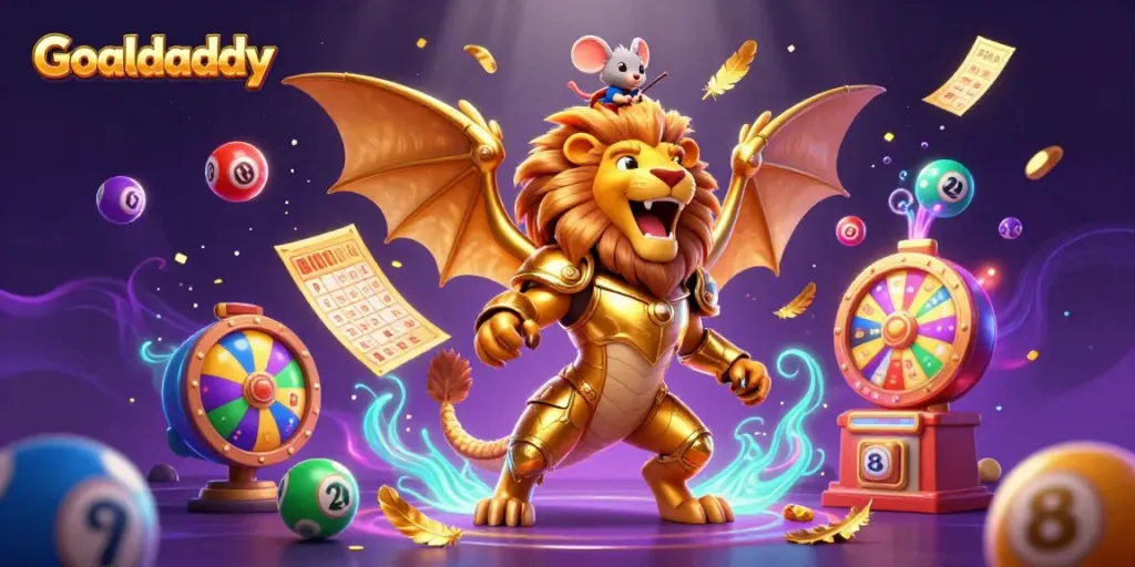 Experience gaming excitement with Goaldaddy's vibrant 3D depiction of a triumphant chimera and dynamic lottery elements.