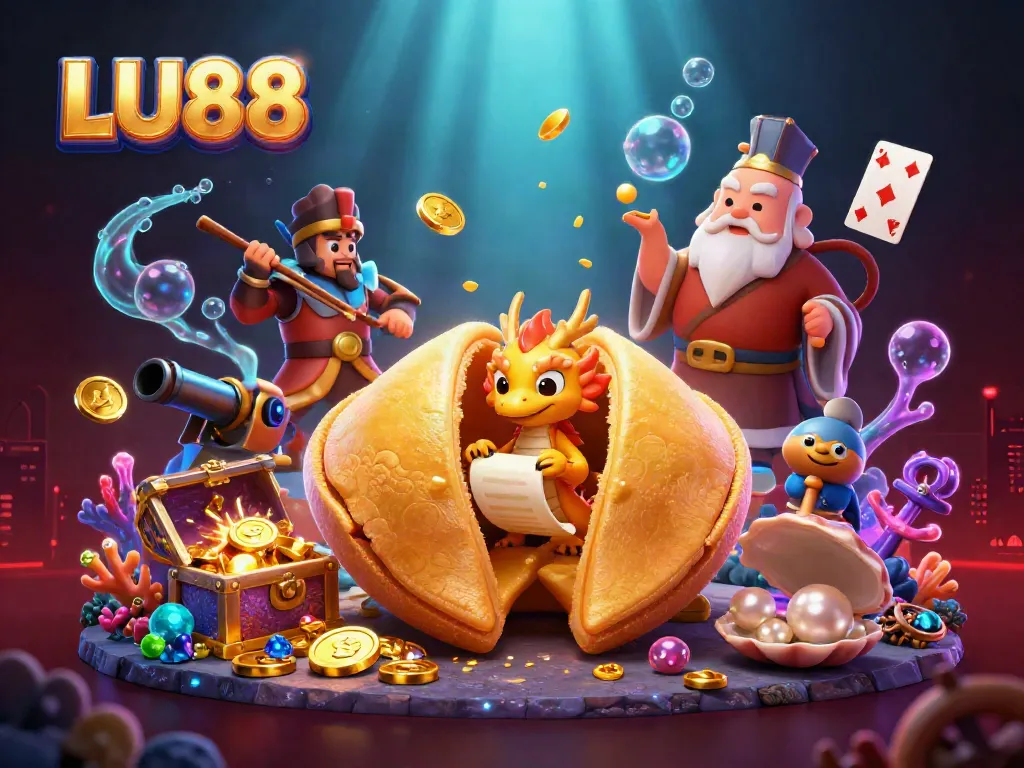 LU88 ignites excitement in an ultra-detailed casino scene, showcasing fortune cookies and gold treasures.