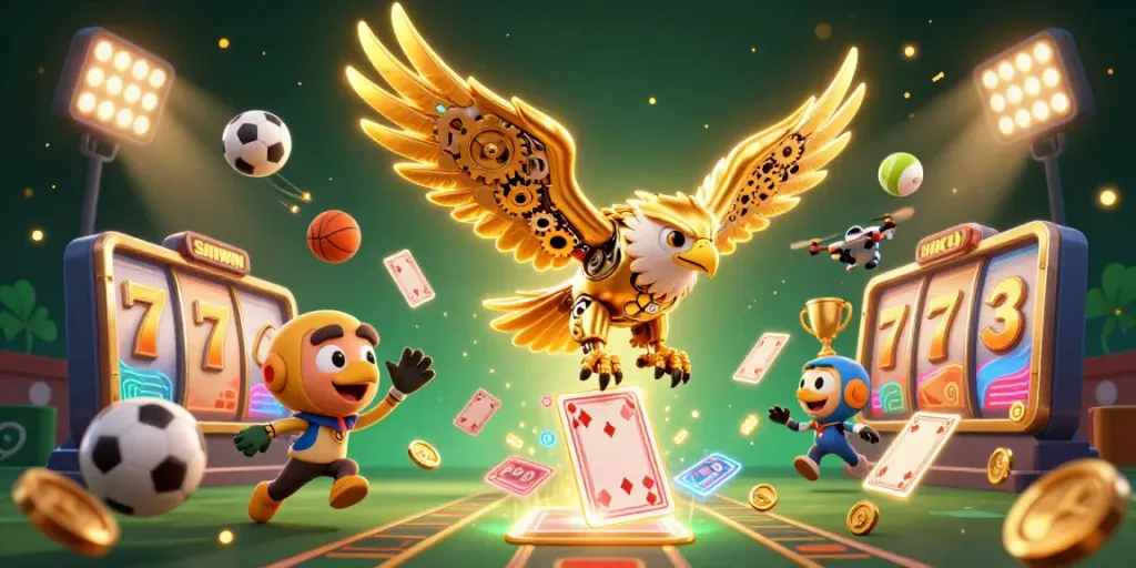 Experience SUNWIN's thrilling gaming with a golden eagle in an energetic casino scene filled with vibrant slots elements.