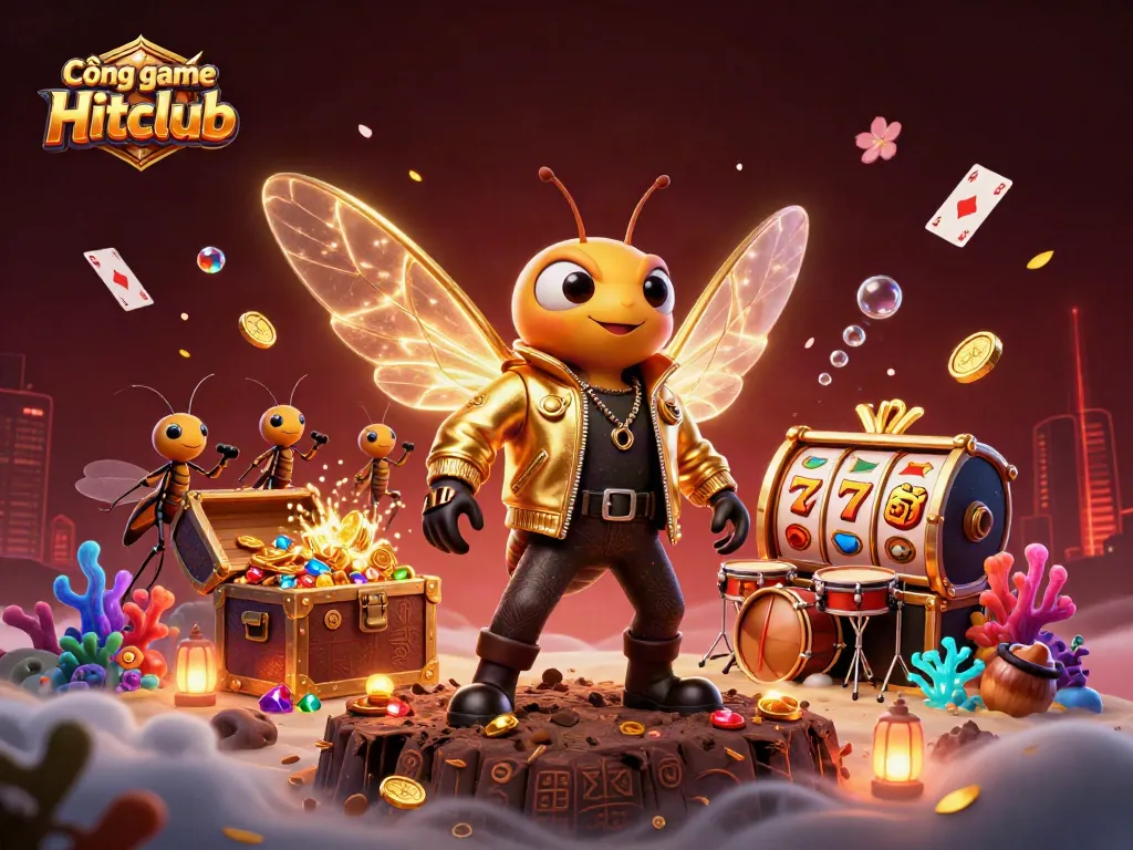 Cổng game Hitclub showcases dynamic casino-themed illustration featuring characters amidst sparkling treasures and gaming elements.