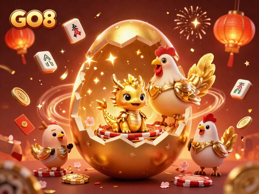 Engage with GO8 in a vibrant casino scene featuring a golden dragon and poker chips.