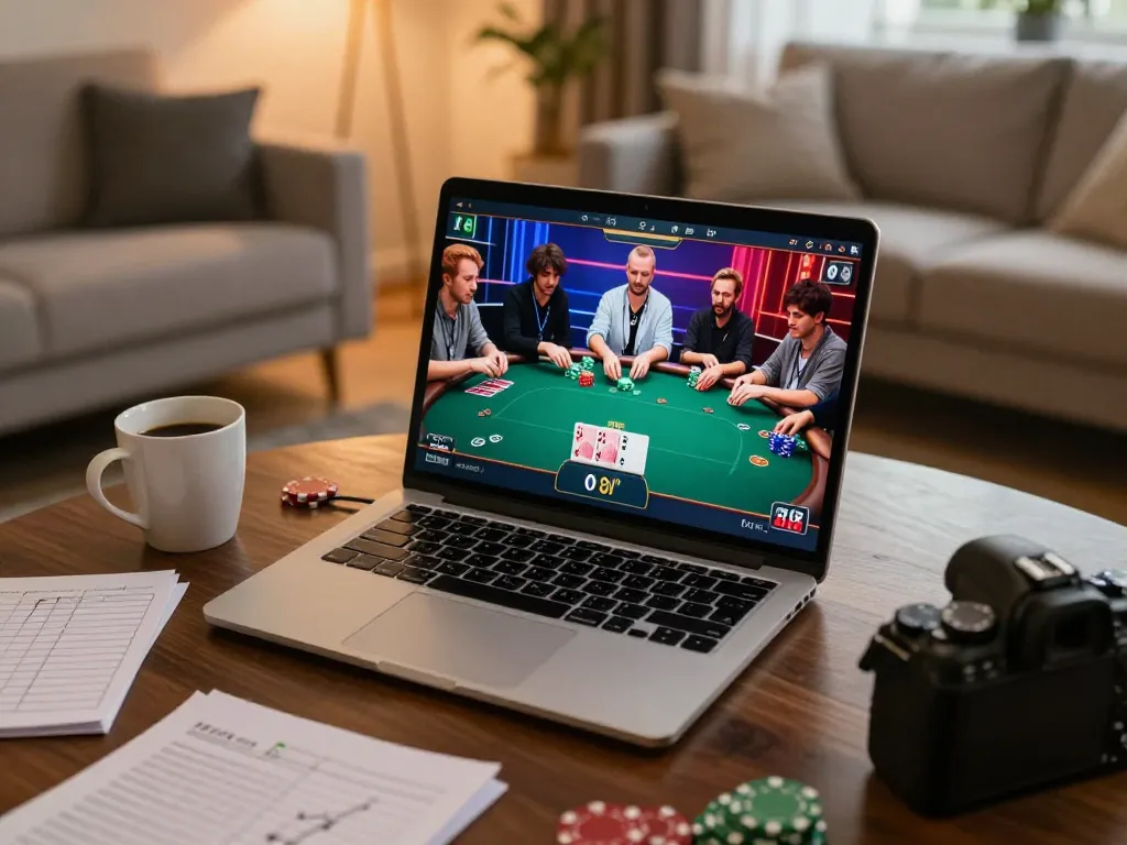 Player engaging with red88 online poker platform, showcasing competitive gameplay on laptop.