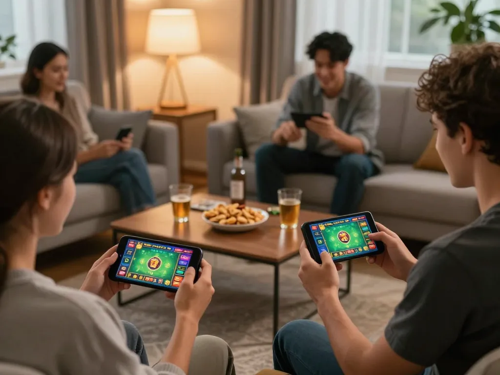 Players enjoying LUCKY88 on mobile devices in a cozy home setting, showcasing online gambling excitement.