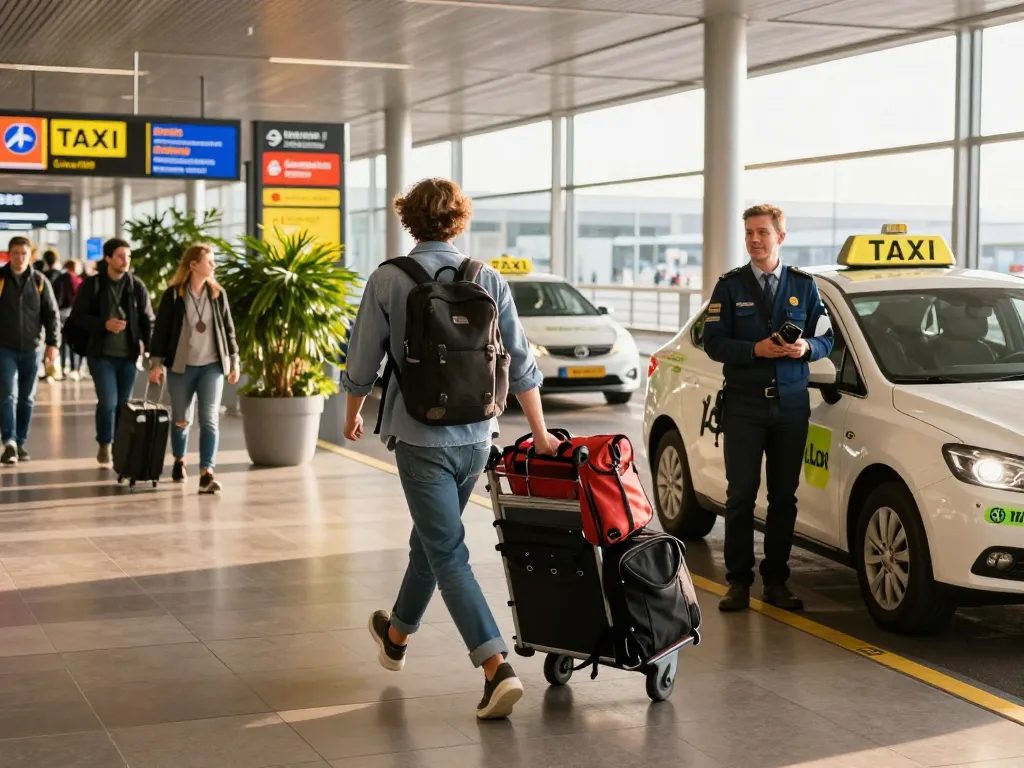 Taxi Schiphol service met reiziger die zich haast om in te stappen, vriendelijke chauffeur en schone taxi op de luchthaven.