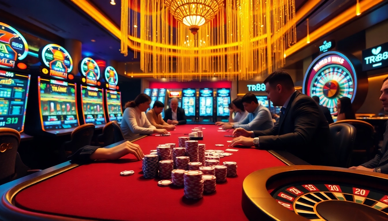 Players engaging in an exciting poker game at a vibrant casino table showcasing tr88's thrilling atmosphere.
