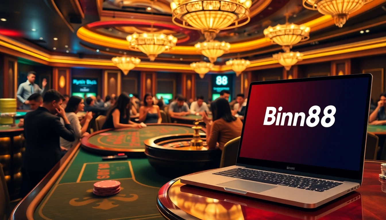 Players enjoy a thrilling casino experience at Bin88, showcasing vibrant tables and poker action.