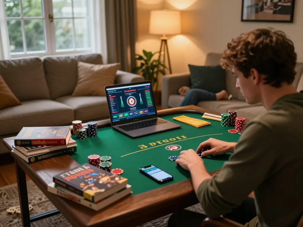 Player engaged in an online poker game with ALO8 app active on laptop, reflecting strategic betting.